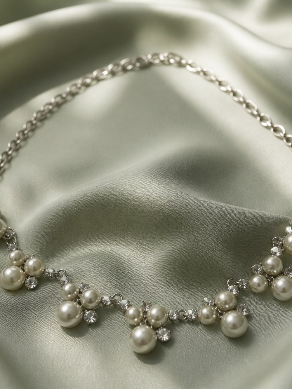 Pearl Cluster Statement Necklace - Manmade Pearls, Clear Stones & Silver chain